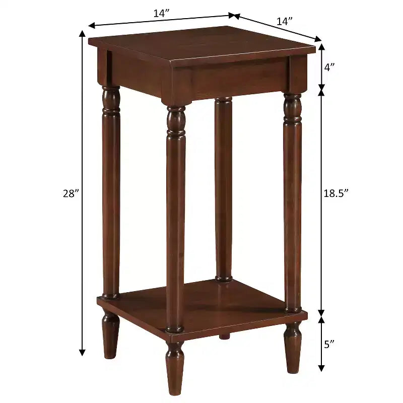 Table d'appoint rectangulaire en bois brun de 28" avec 2 étagères et pieds tournés