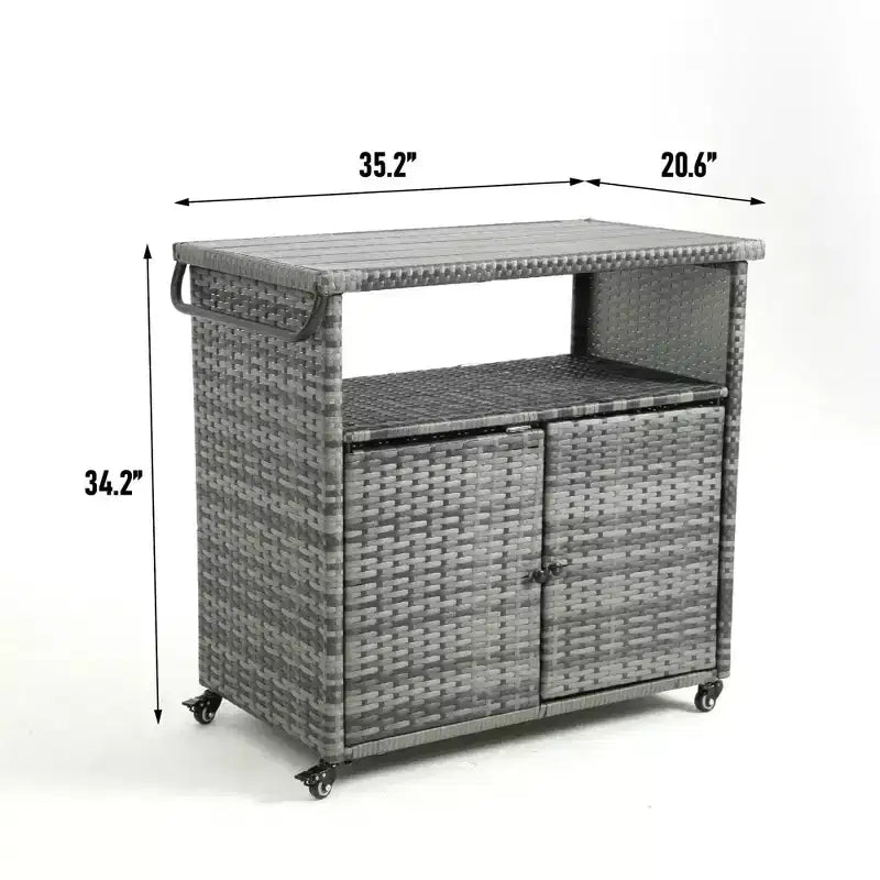 Chariot de service de bar en osier d'extérieur avec plateau en verre, gris, 89,4 cm x 52,3 cm x 86,9 cm