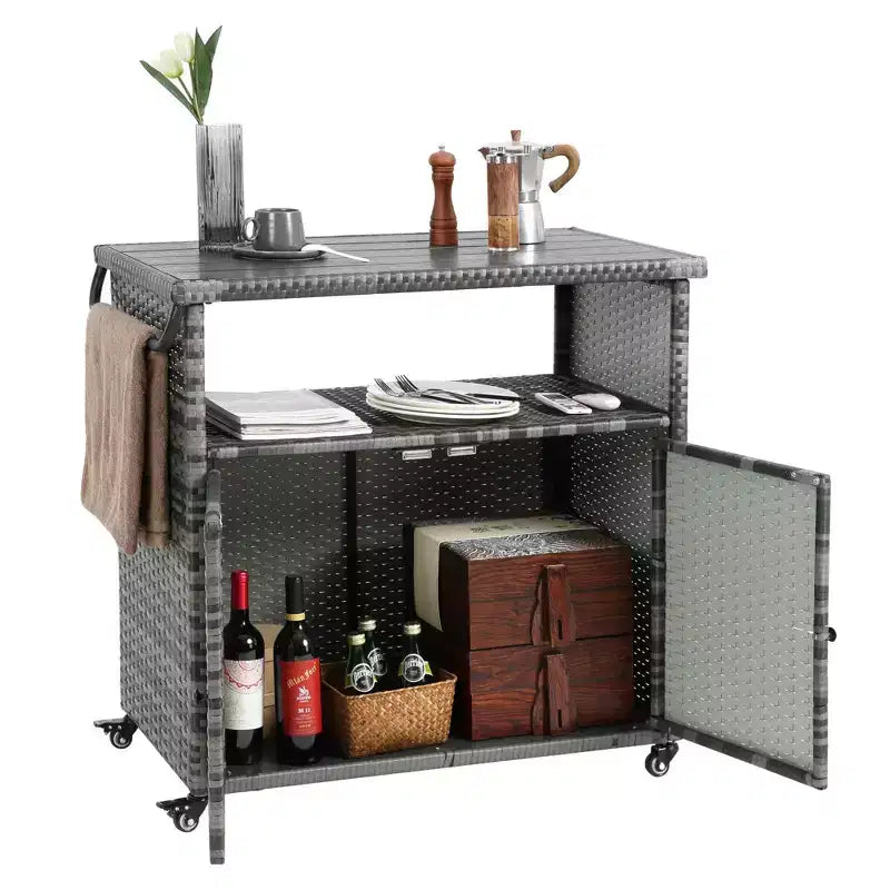 Chariot de service de bar en osier d'extérieur avec plateau en verre, gris, 89,4 cm x 52,3 cm x 86,9 cm