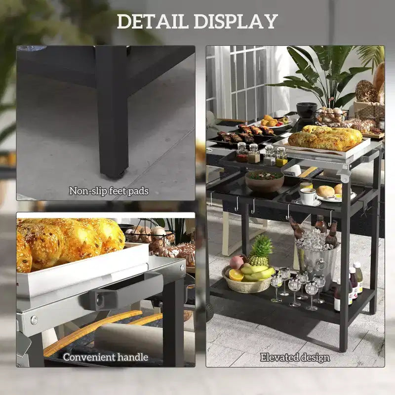 Meuble de cuisine d'extérieur avec plateau en acier inoxydable, noir, 122 x 62 x 84 cm