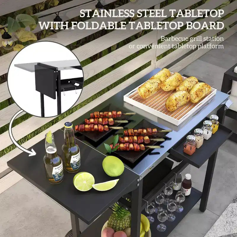 Meuble de cuisine d'extérieur avec plateau en acier inoxydable, noir, 122 x 62 x 84 cm
