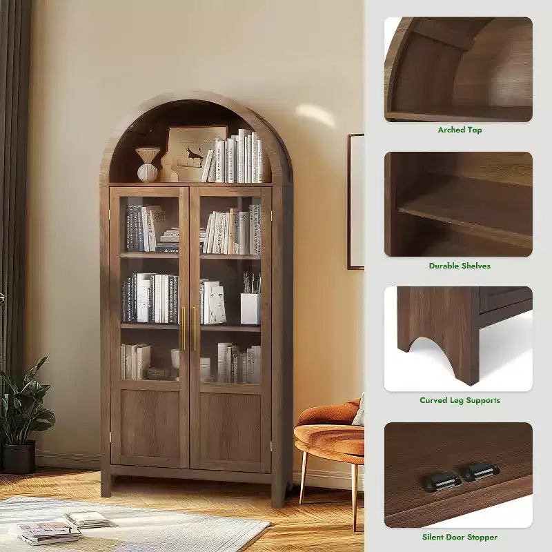 Armoire haute en bois de 180 cm, armoire de rangement arquée avec 2 portes et étagères pour salon