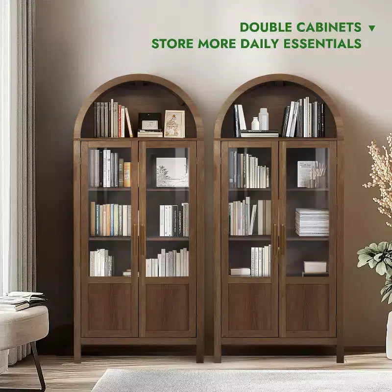 Armoire haute en bois de 180 cm, armoire de rangement arquée avec 2 portes et étagères pour salon