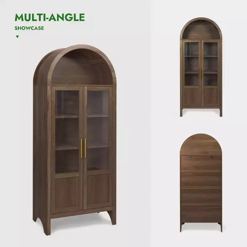 Armoire haute en bois de 180 cm, armoire de rangement arquée avec 2 portes et étagères pour salon