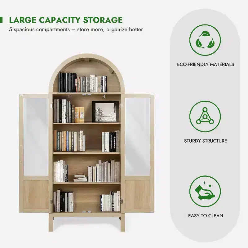 Armoire haute en bois de 180 cm, armoire de rangement arquée avec 2 portes et étagères pour salon