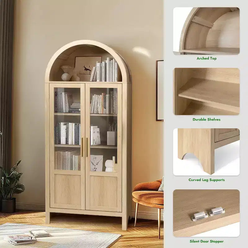 Armoire haute en bois de 180 cm, armoire de rangement arquée avec 2 portes et étagères pour salon