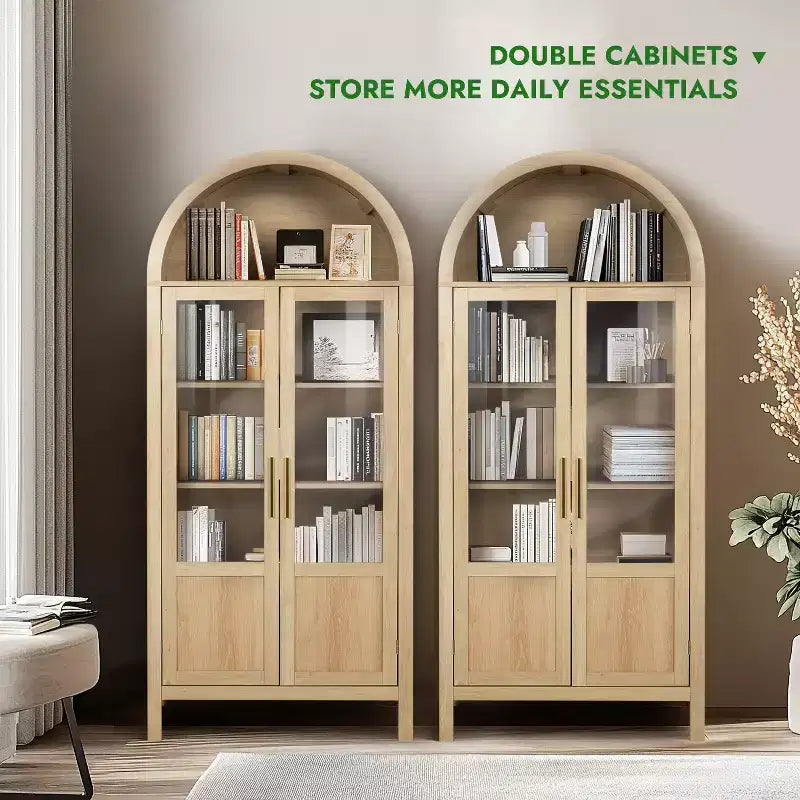 Armoire haute en bois de 180 cm, armoire de rangement arquée avec 2 portes et étagères pour salon
