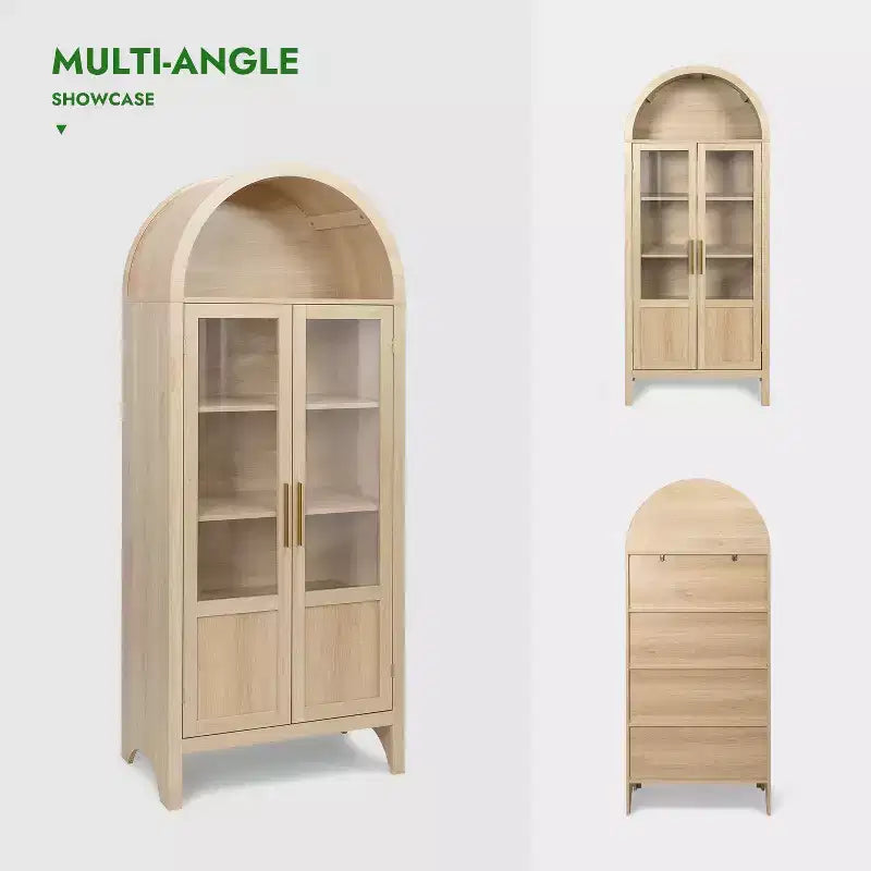 Armoire haute en bois de 180 cm, armoire de rangement arquée avec 2 portes et étagères pour salon