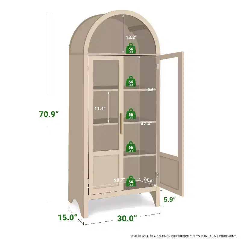 Armoire haute en bois de 180 cm, armoire de rangement arquée avec 2 portes et étagères pour salon