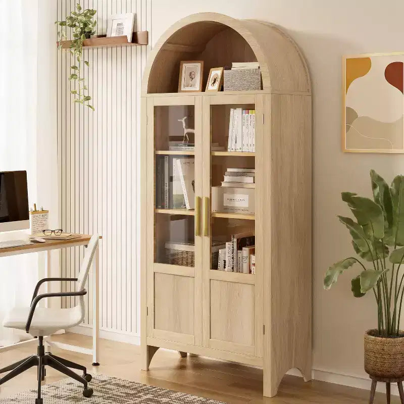 Armoire haute en bois de 180 cm, armoire de rangement arquée avec 2 portes et étagères pour salon