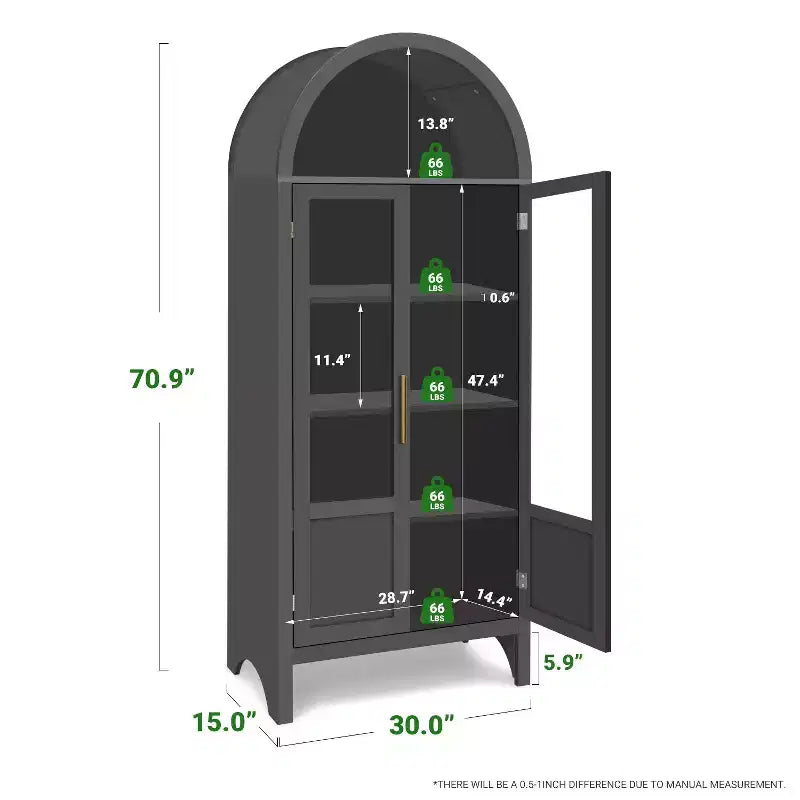 Armoire haute en bois de 180 cm, armoire de rangement arquée avec 2 portes et étagères pour salon