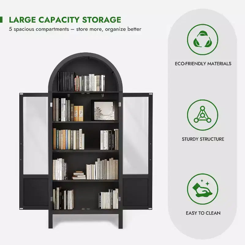 Armoire haute en bois de 180 cm, armoire de rangement arquée avec 2 portes et étagères pour salon