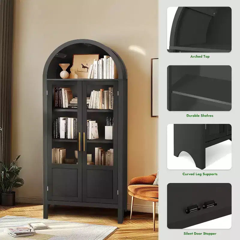 Armoire haute en bois de 180 cm, armoire de rangement arquée avec 2 portes et étagères pour salon