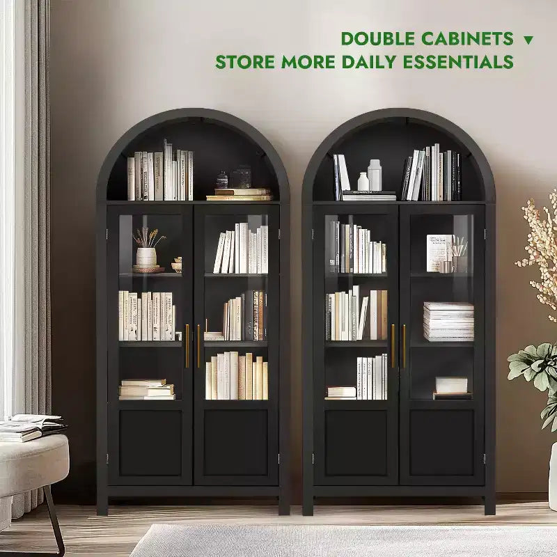 Armoire haute en bois de 180 cm, armoire de rangement arquée avec 2 portes et étagères pour salon