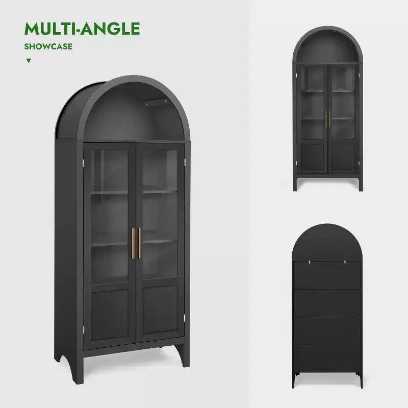 Armoire haute en bois de 180 cm, armoire de rangement arquée avec 2 portes et étagères pour salon