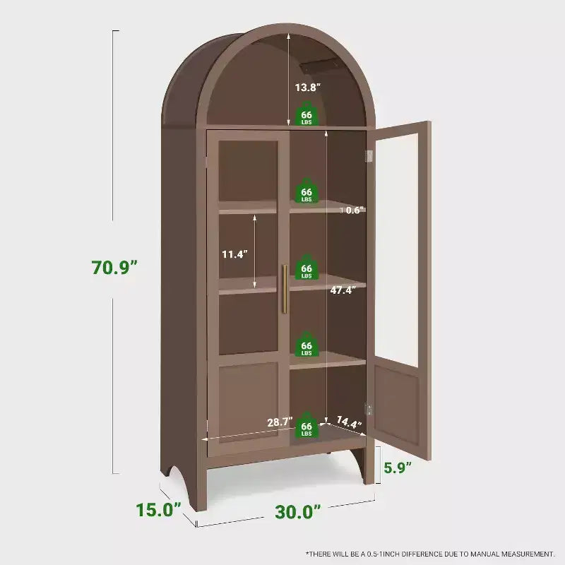 Armoire haute en bois de 180 cm, armoire de rangement arquée avec 2 portes et étagères pour salon