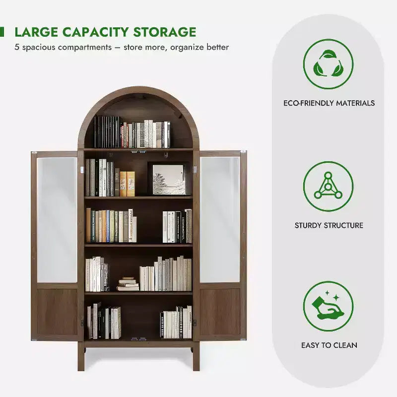 Armoire haute en bois de 180 cm, armoire de rangement arquée avec 2 portes et étagères pour salon