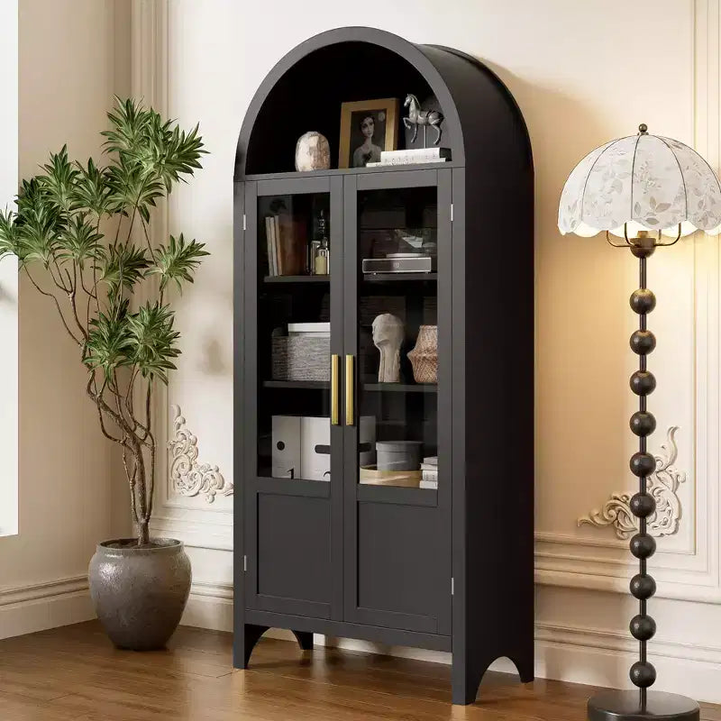 Armoire haute en bois de 180 cm, armoire de rangement arquée avec 2 portes et étagères pour salon