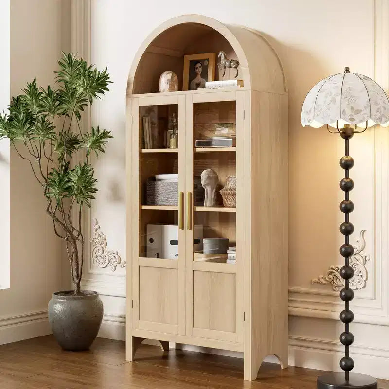 Armoire haute en bois de 180 cm, armoire de rangement arquée avec 2 portes et étagères pour salon