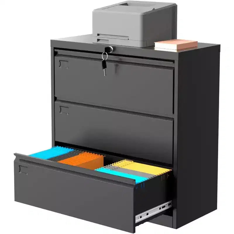 Classeur latéral à 3 tiroirs avec serrure, rangement métallique pour dossiers format Lettre/Légal/A4, Noir
