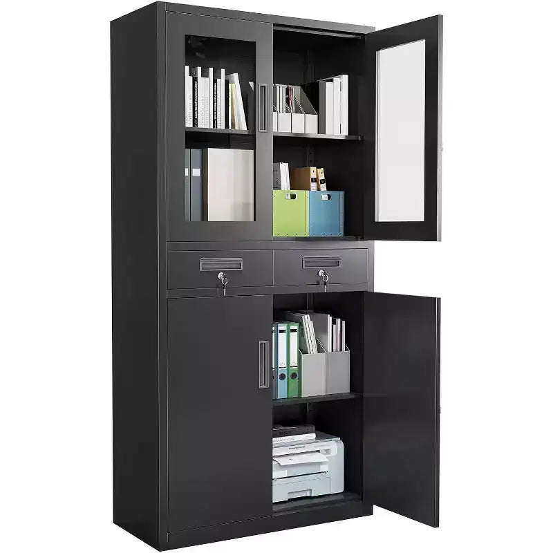 Armoire de rangement verticale en métal de 180 cm avec portes vitrées, étagères réglables et tiroirs verrouillables