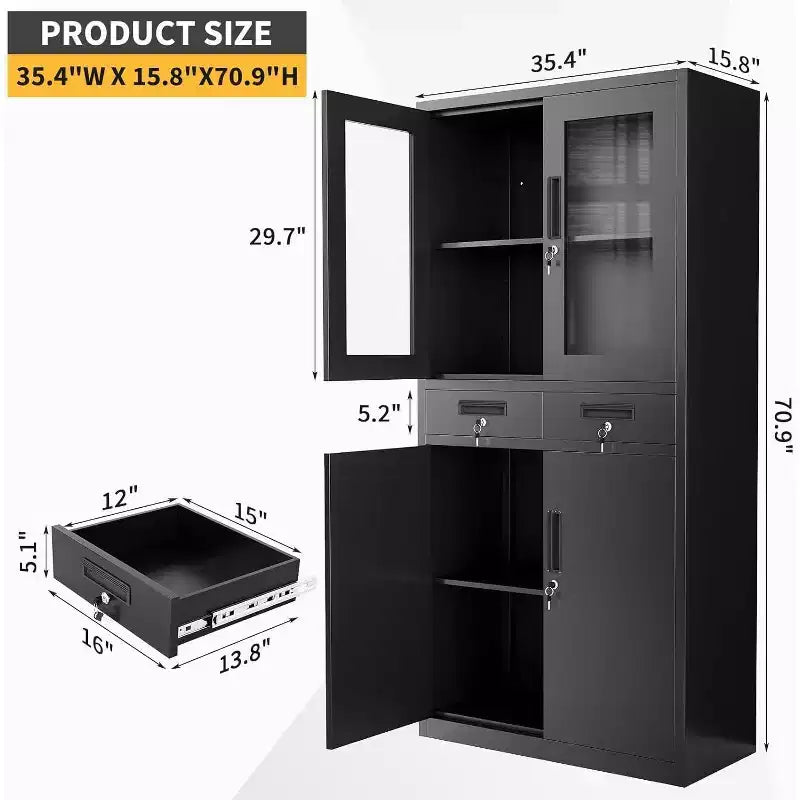 Armoire de rangement verticale en métal de 180 cm avec portes vitrées, étagères réglables et tiroirs verrouillables