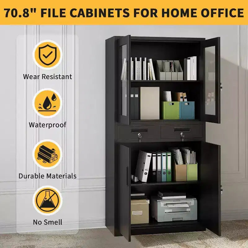Armoire de rangement verticale en métal de 180 cm avec portes vitrées, étagères réglables et tiroirs verrouillables