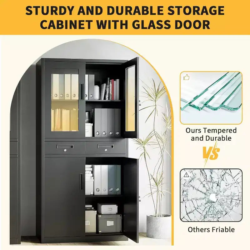 Armoire de rangement verticale en métal de 180 cm avec portes vitrées, étagères réglables et tiroirs verrouillables