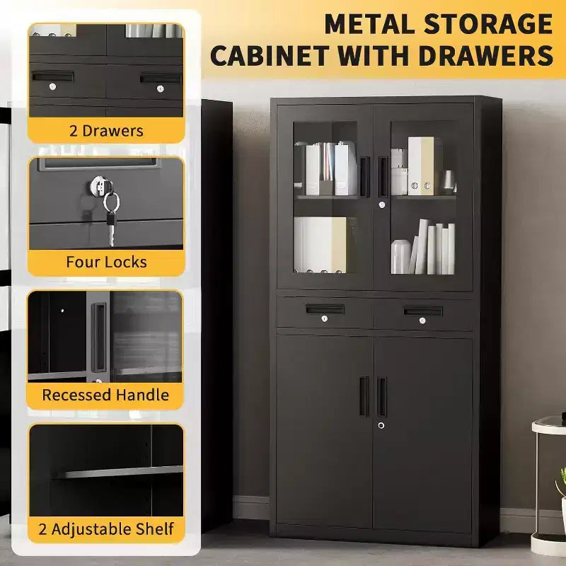 Armoire de rangement verticale en métal de 180 cm avec portes vitrées, étagères réglables et tiroirs verrouillables