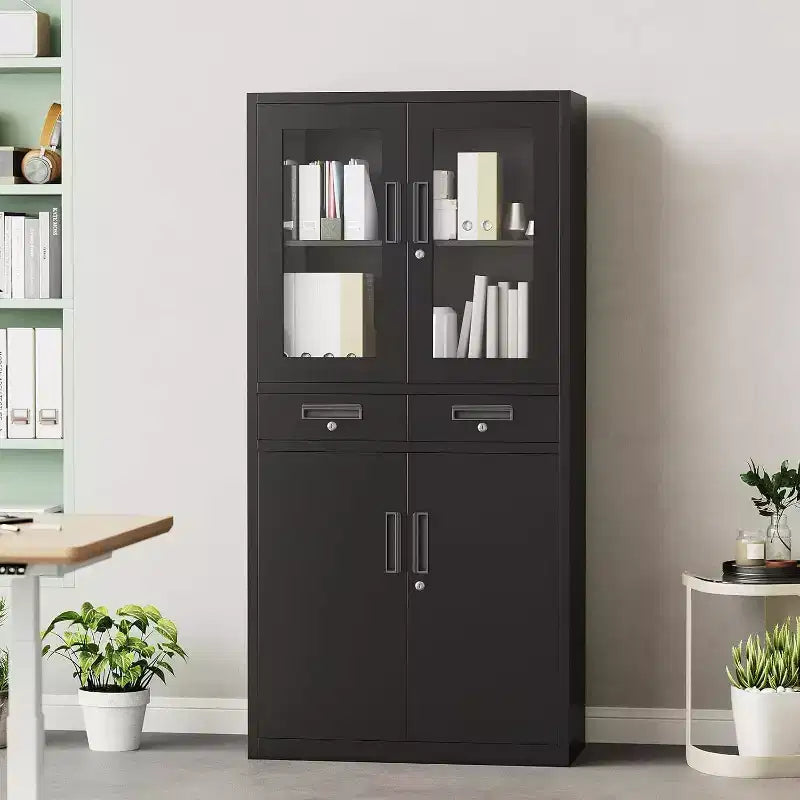 Armoire de rangement verticale en métal de 180 cm avec portes vitrées, étagères réglables et tiroirs verrouillables