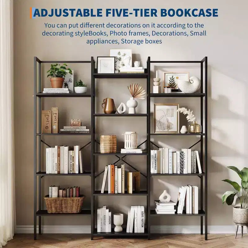 Bibliothèque industrielle à triple colonne et 5 niveaux avec 14 étagères de présentation, grande bibliothèque pour salon
