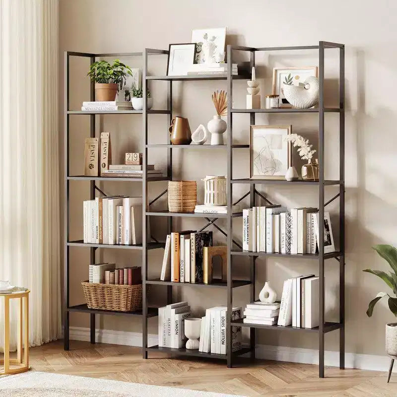 Bibliothèque industrielle à triple colonne et 5 niveaux avec 14 étagères de présentation, grande bibliothèque pour salon