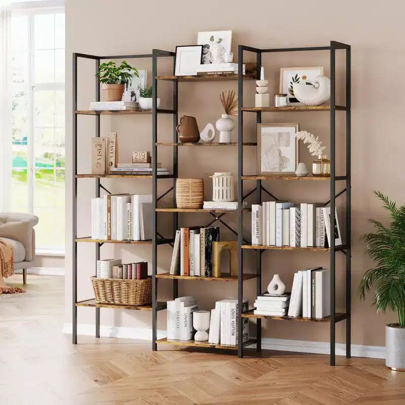 Bibliothèque industrielle à triple colonne et 5 niveaux avec 14 étagères de présentation, grande bibliothèque pour salon
