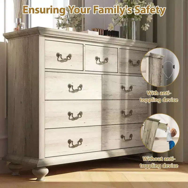 Commode à 9 tiroirs, Meuble de rangement rustique en bois