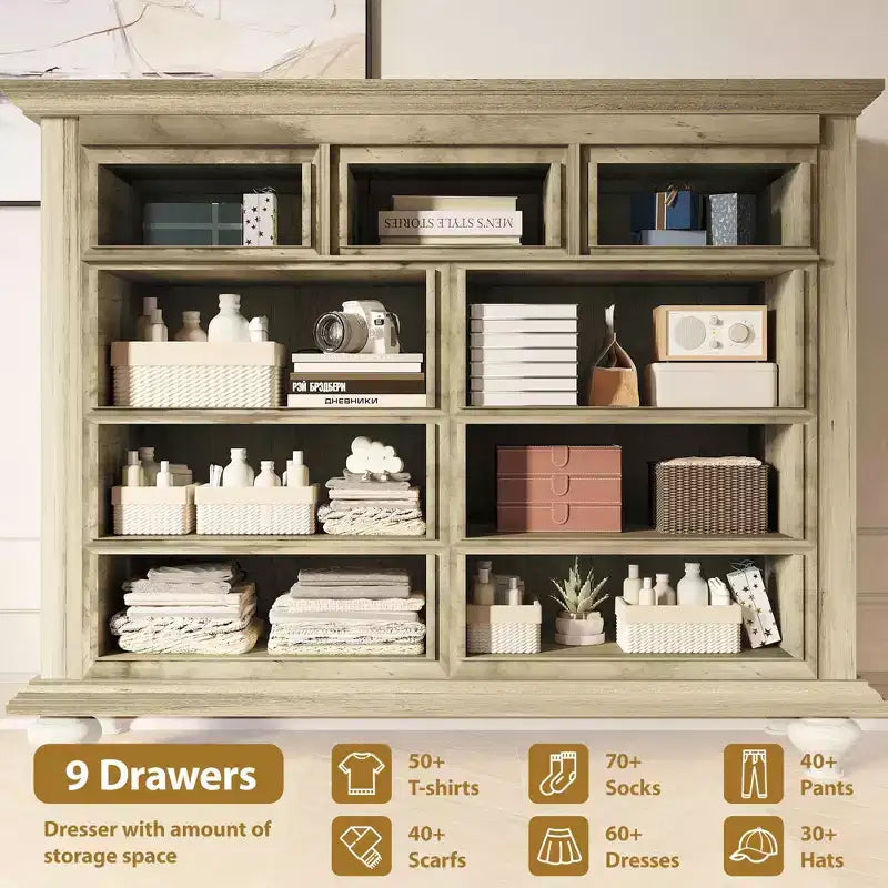Commode à 9 tiroirs, Meuble de rangement rustique en bois