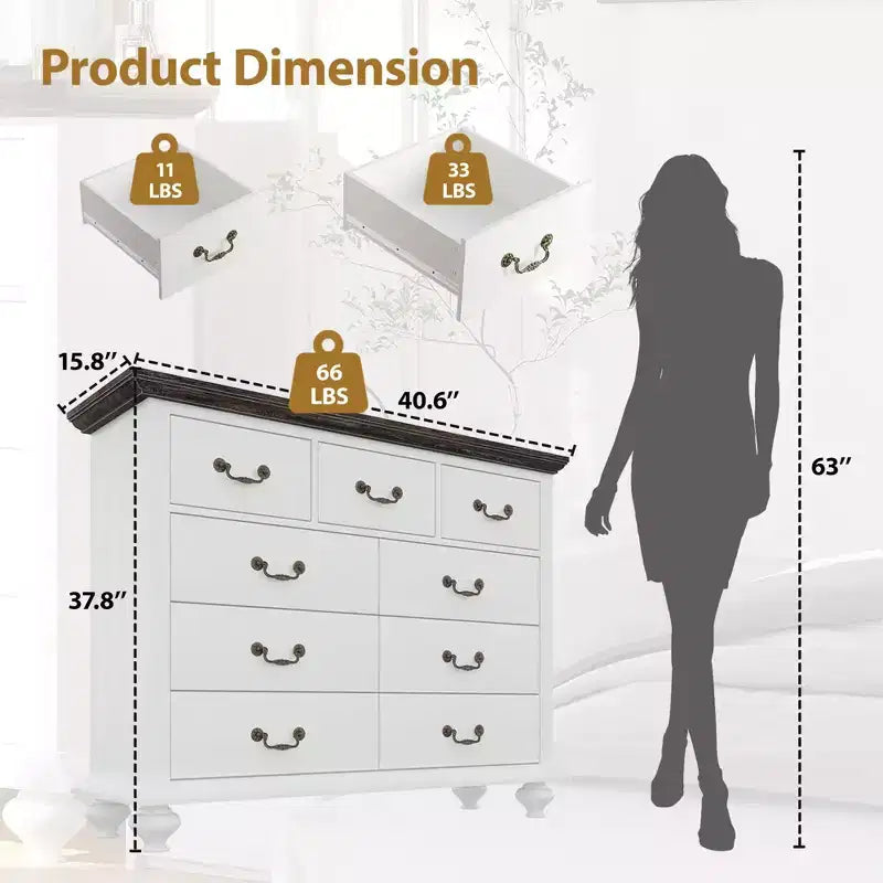 Commode à 9 tiroirs, Meuble de rangement rustique en bois
