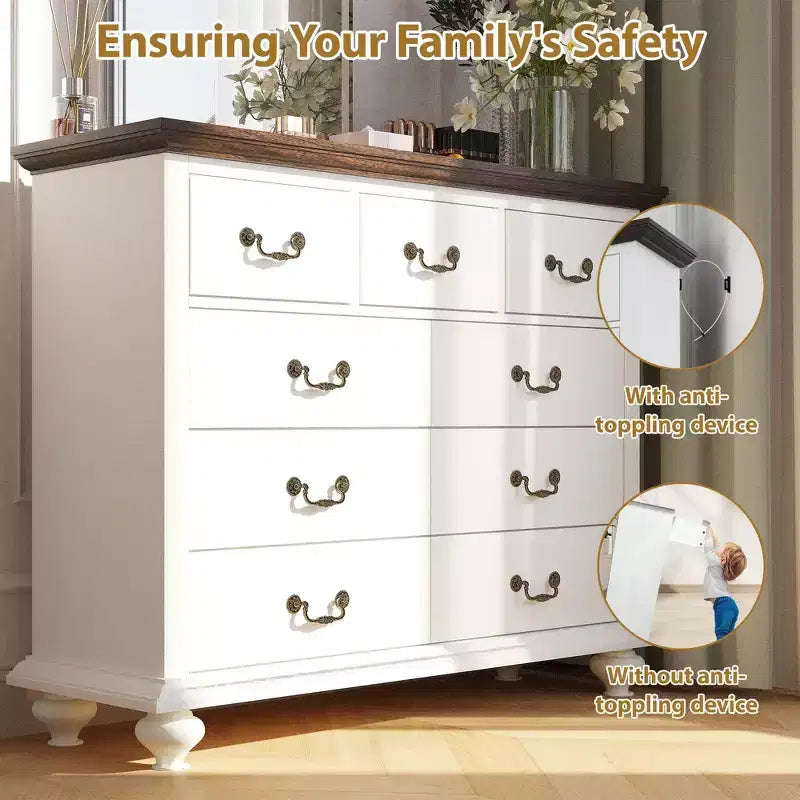 Commode à 9 tiroirs, Meuble de rangement rustique en bois