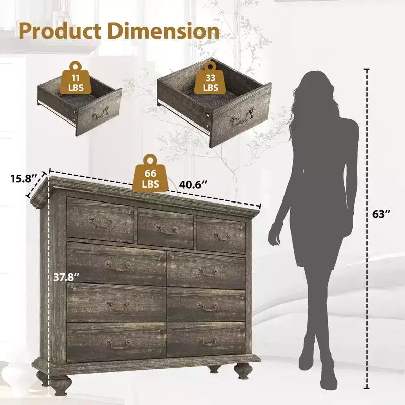 Commode à 9 tiroirs, Meuble de rangement rustique en bois
