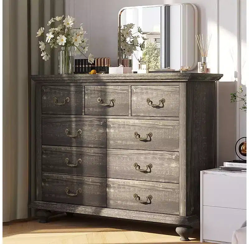 Commode à 9 tiroirs, Meuble de rangement rustique en bois