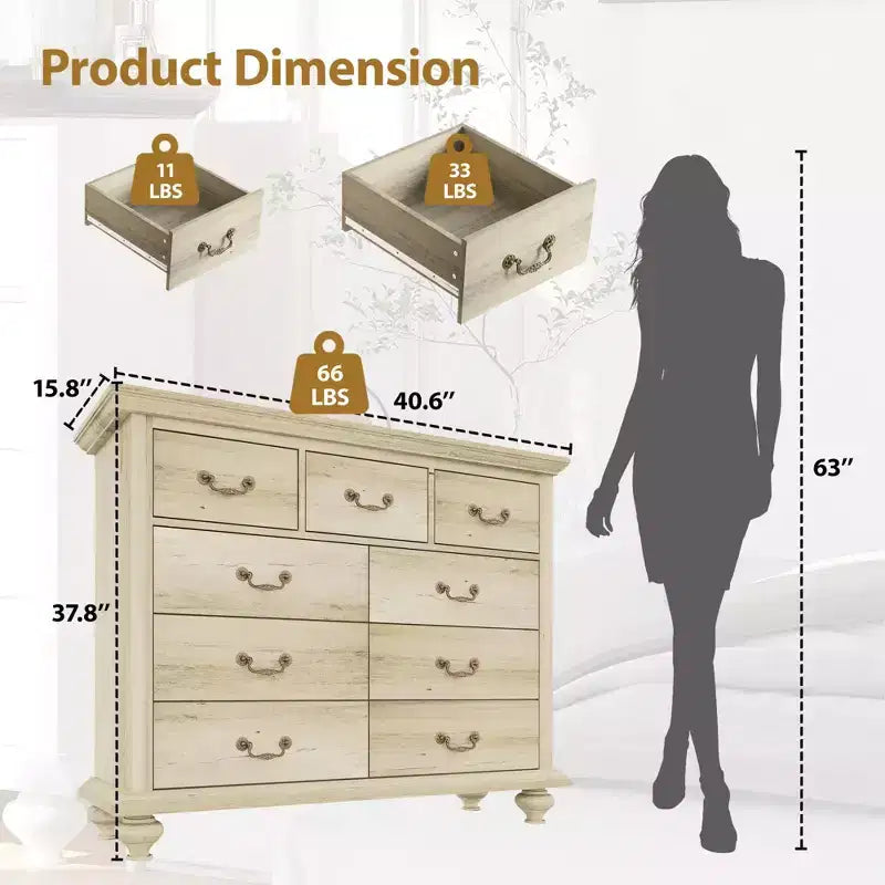 Commode à 9 tiroirs, Meuble de rangement rustique en bois
