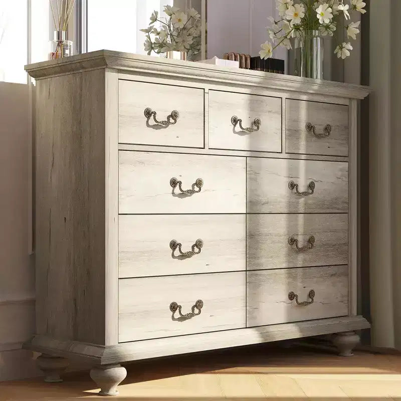 Commode à 9 tiroirs, Meuble de rangement rustique en bois