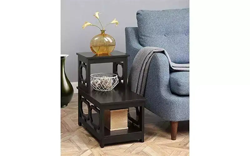 Table d'appoint à 2 niveaux avec cadre en L et panneaux latéraux octogonaux, trois étagères de rangement
