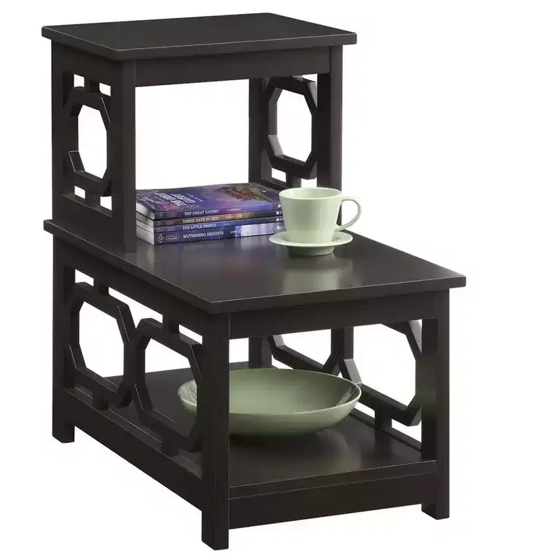 Table d'appoint à 2 niveaux avec cadre en L et panneaux latéraux octogonaux, trois étagères de rangement