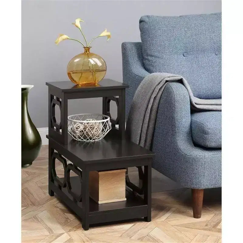 Table d'appoint à 2 niveaux avec cadre en L et panneaux latéraux octogonaux, trois étagères de rangement