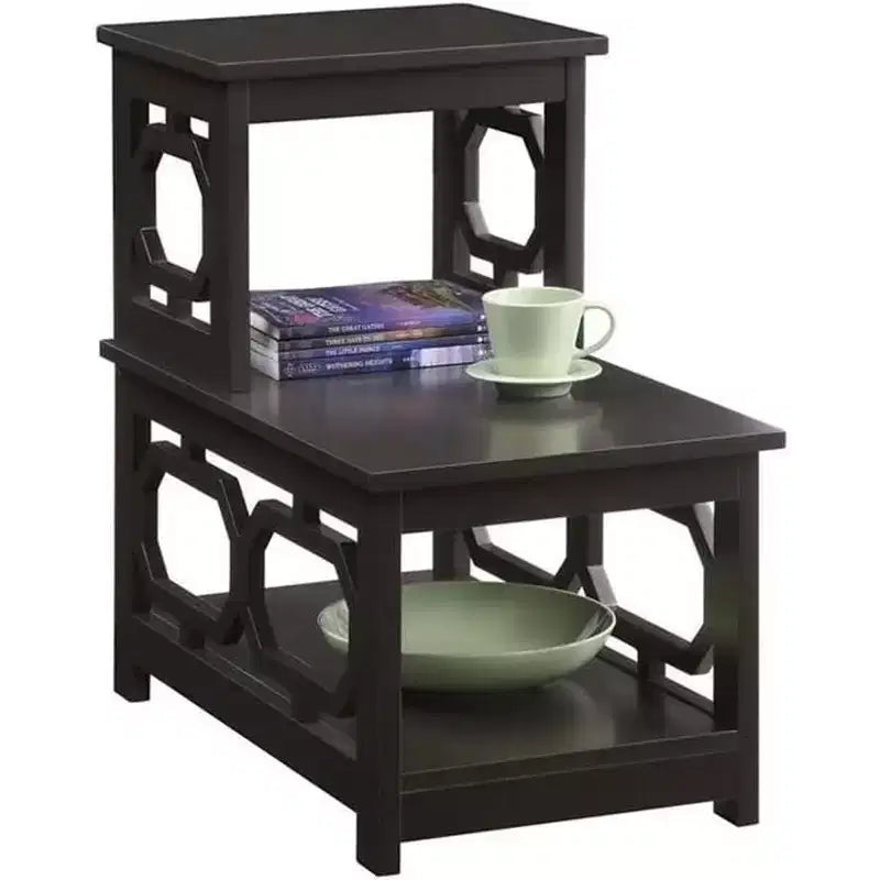 Table d'appoint à 2 niveaux avec cadre en L et panneaux latéraux octogonaux, trois étagères de rangement