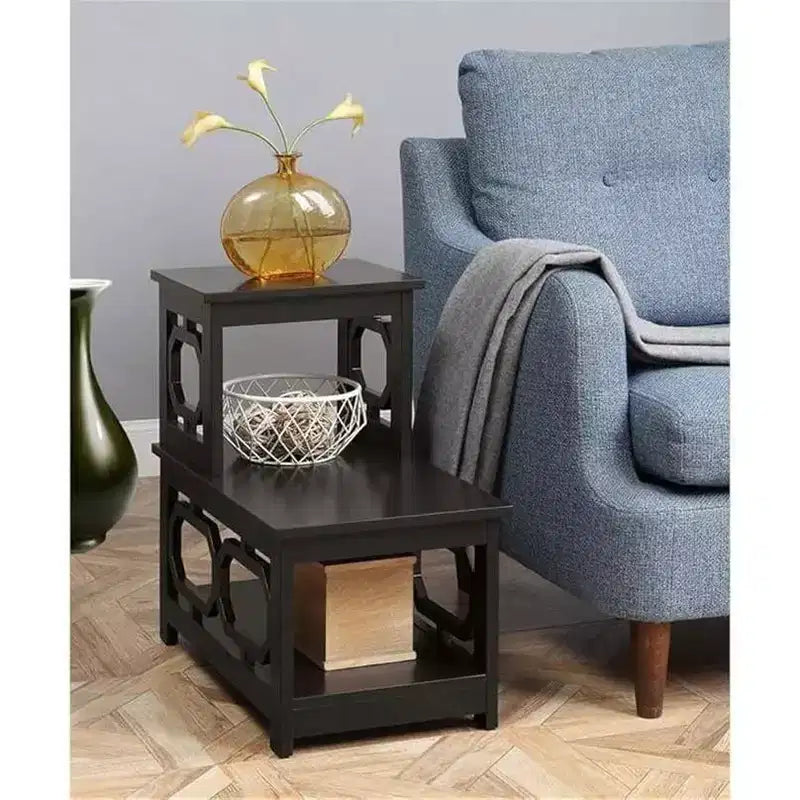 Table d'appoint à 2 niveaux avec cadre en L et panneaux latéraux octogonaux, trois étagères de rangement