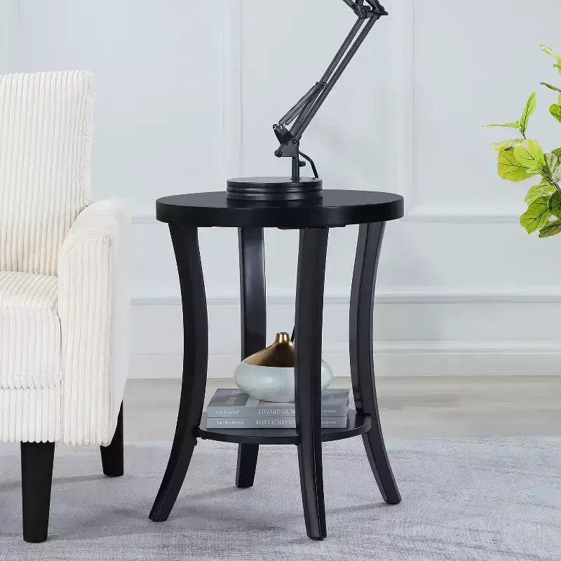 Table d'appoint ronde avec étagère, meuble de rangement à deux niveaux avec pieds courbés et finition en placage lisse pour la maison