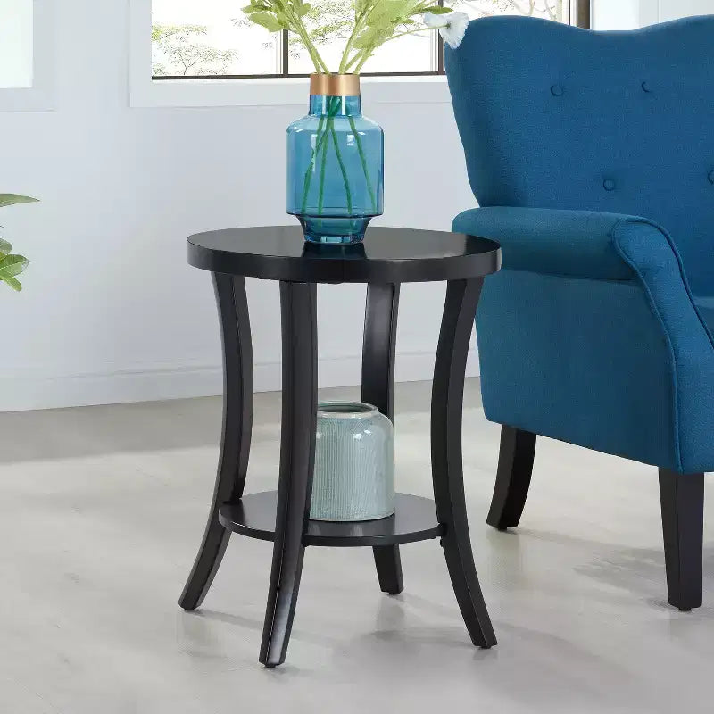 Table d'appoint ronde avec étagère, meuble de rangement à deux niveaux avec pieds courbés et finition en placage lisse pour la maison