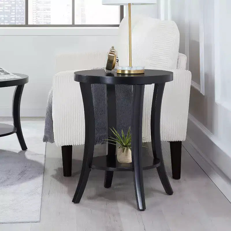 Table d'appoint ronde avec étagère, meuble de rangement à deux niveaux avec pieds courbés et finition en placage lisse pour la maison