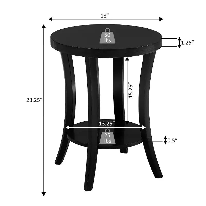Table d'appoint ronde avec étagère, meuble de rangement à deux niveaux avec pieds courbés et finition en placage lisse pour la maison
